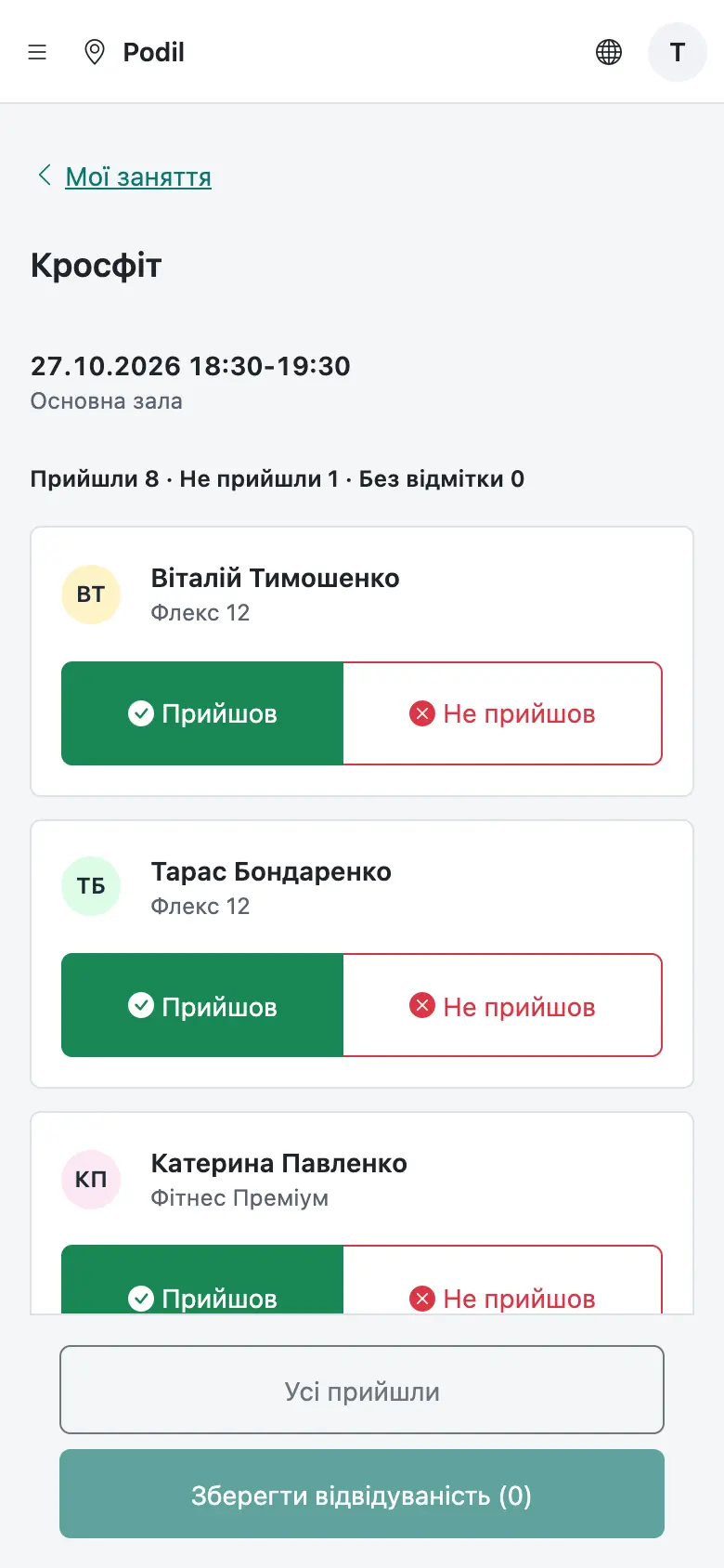 Екран тренера «Мої заняття»: заняття на сьогодні зі списком учасників і відмітками відвідування